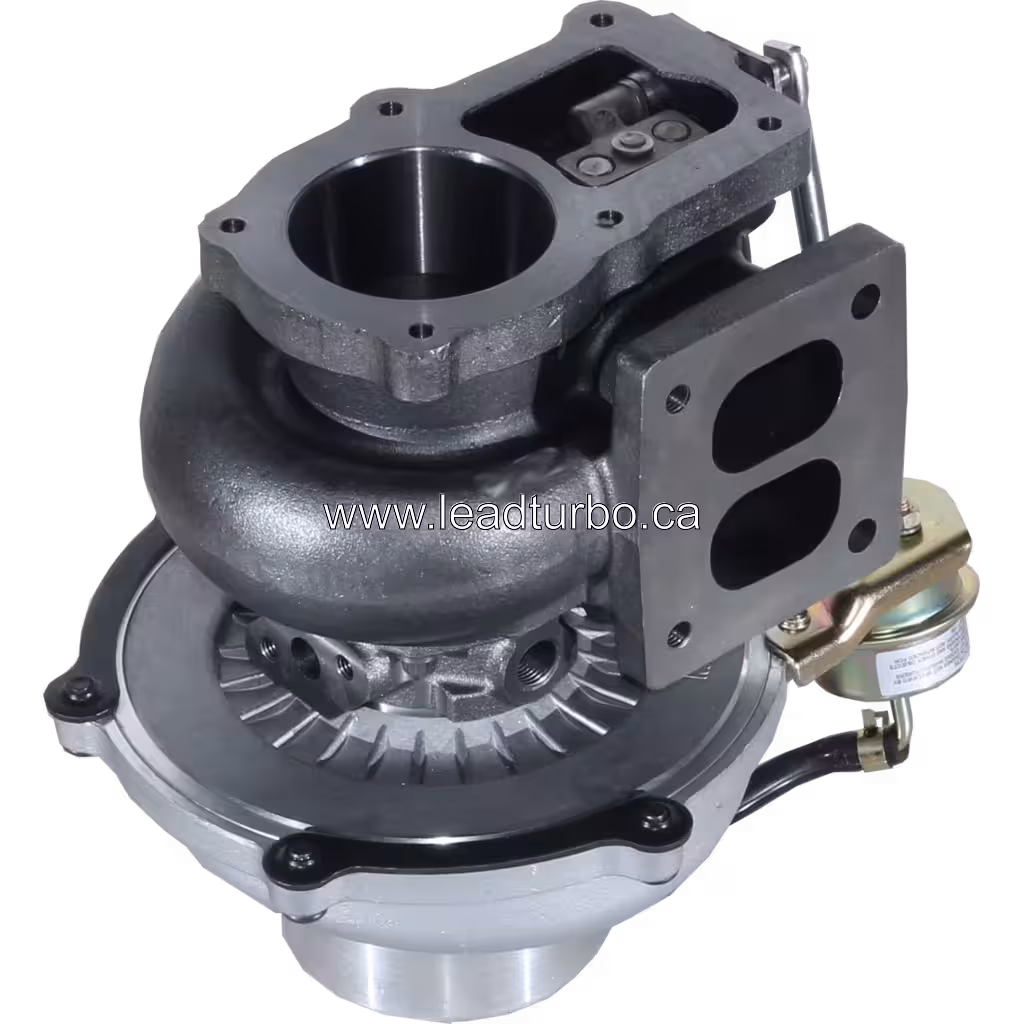Top view of 17201E0A40 turbocharger for HINO J08C with blue coolant line and actuator rod