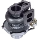 Top view of 17201E0A40 turbocharger for HINO J08C with blue coolant line and actuator rod