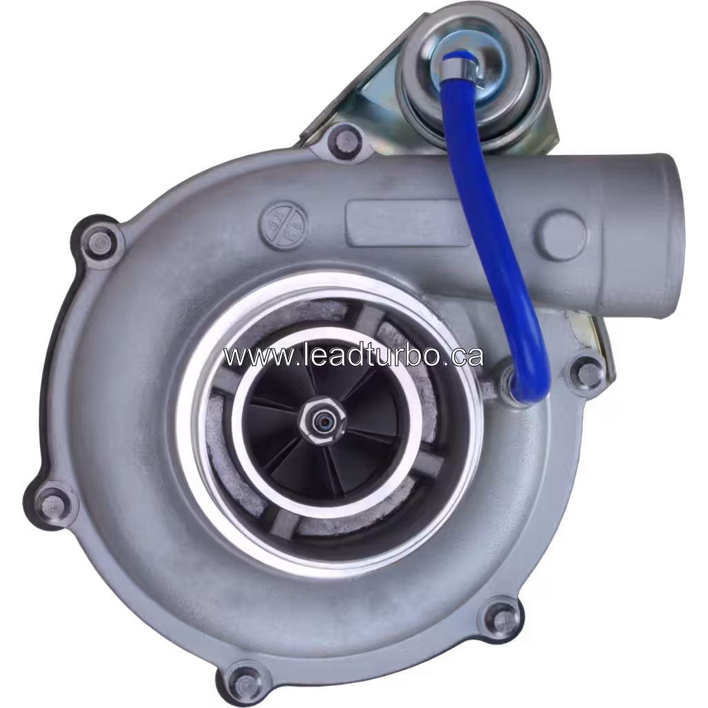 Front view of 17201E0A40 GT3576 turbocharger with silver compressor housing and V-band flange