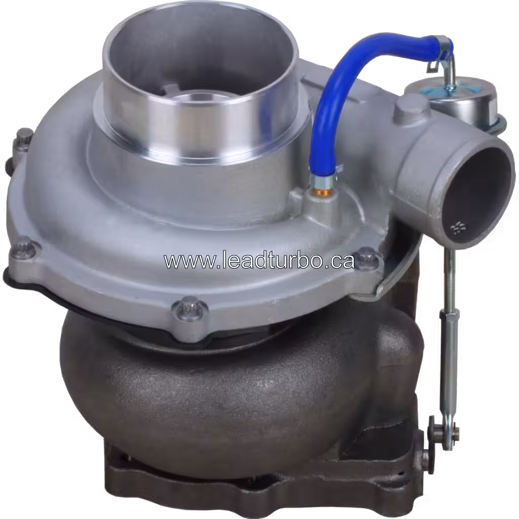 Rear view of GT3576 turbocharger showing dual-port turbine inlet flange and mechanical actuator