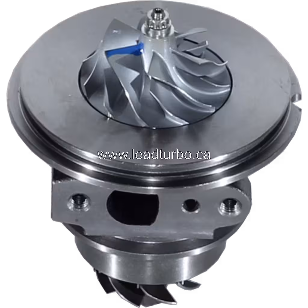 Toyota 15B-FTE turbo core top angled view with mounting flanges and bearing housing
