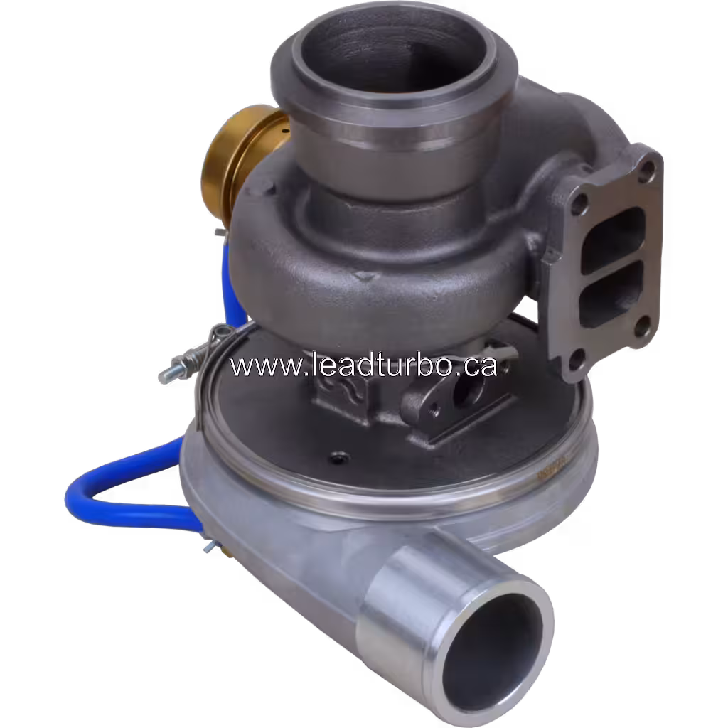 2525165 turbocharger bottom view with cast iron turbine housing and actuator