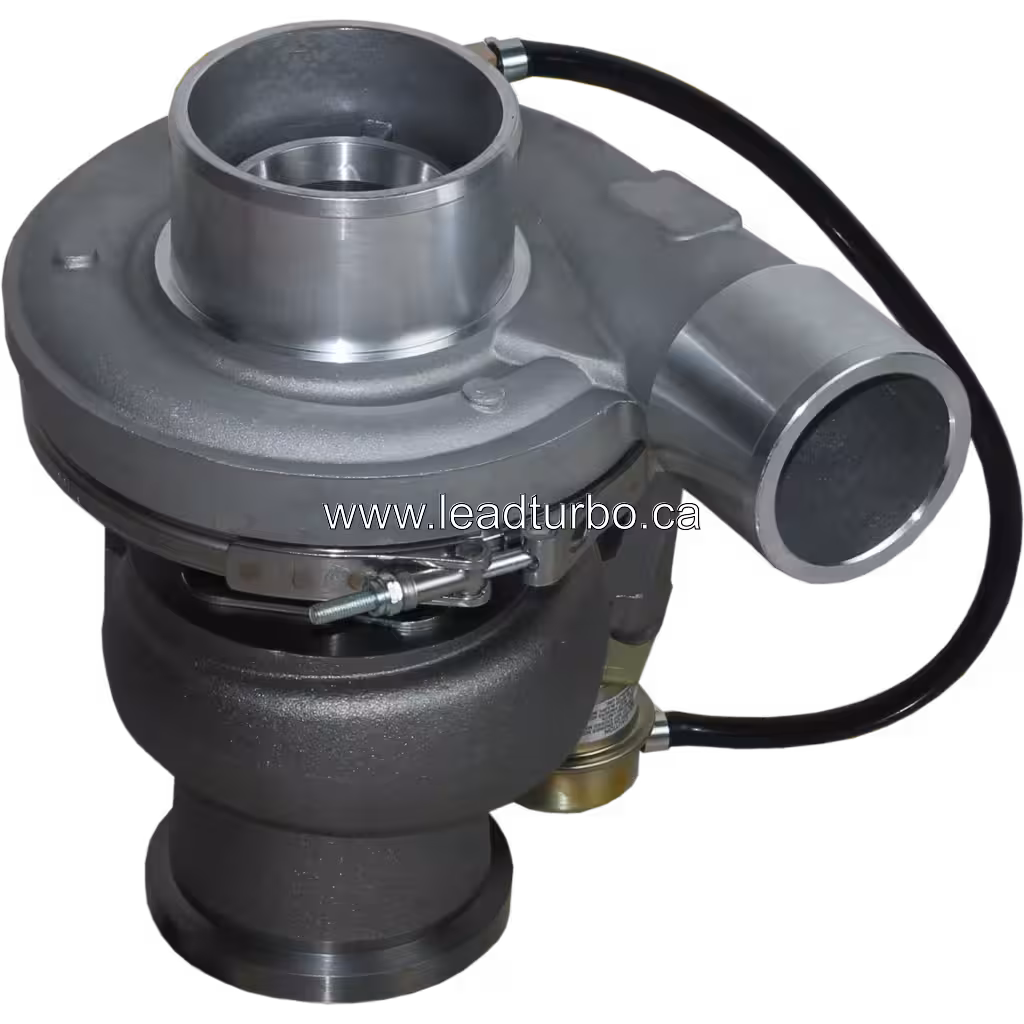 B2G005 turbocharger top view showing blue plastic tube and compressor housing