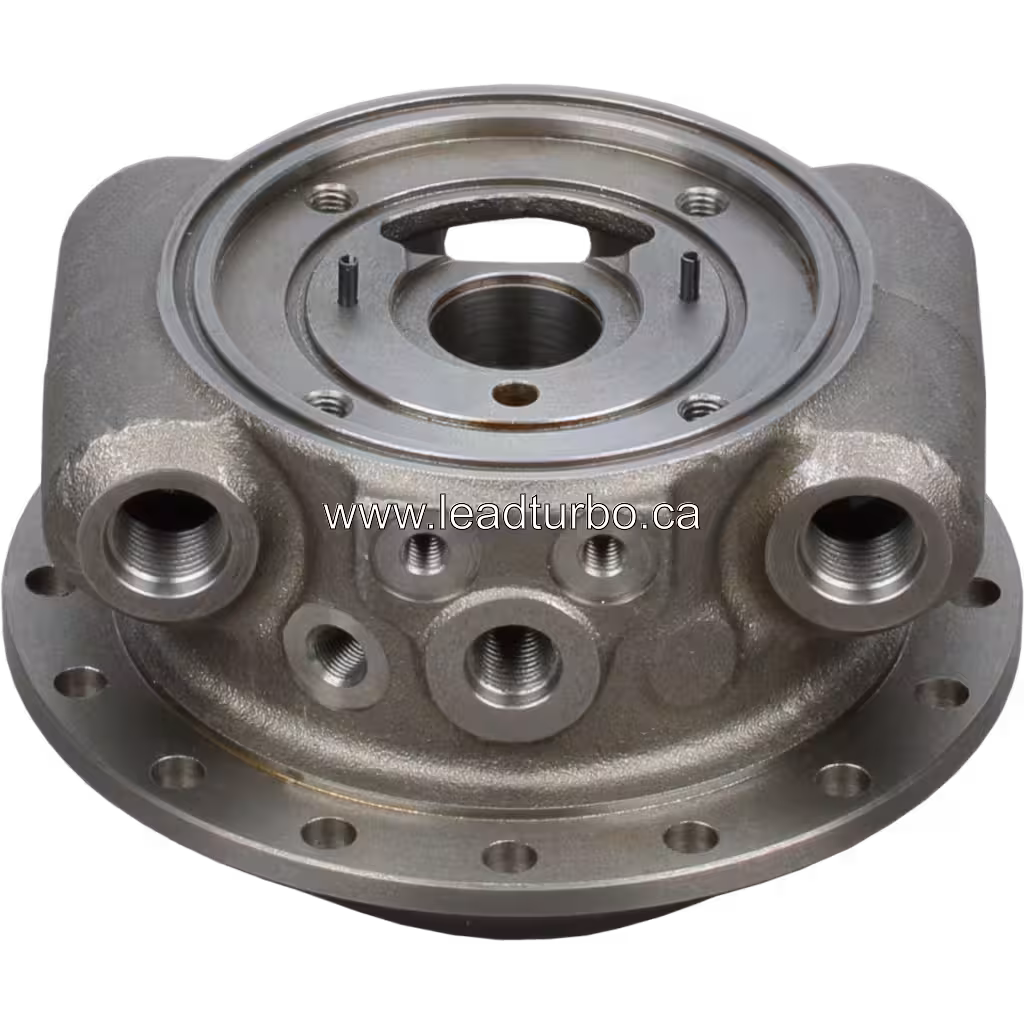 Side view of HX83 bearing housing showing threaded ports and mounting flange