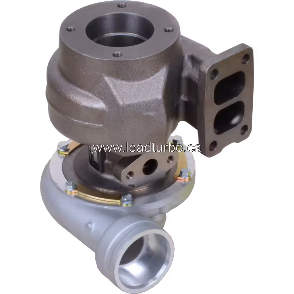 318706 turbocharger bottom view showing mounting flange and exhaust ports