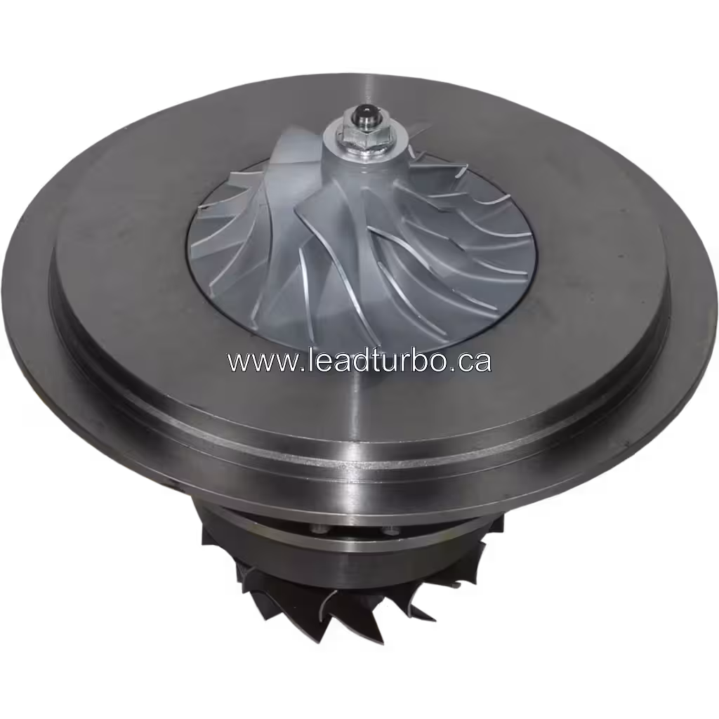 45-degree top view of CUMMINS ISX turbo core with central shaft assembly