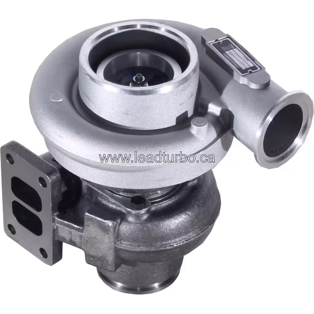 4037469 HX35 Turbocharger top angled view showing two-port rectangular flange and central bearing housing