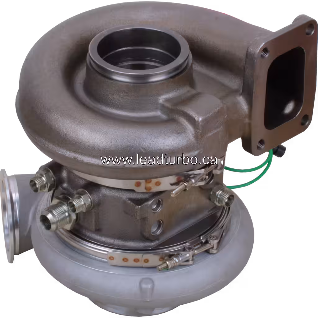 Bottom view of HE551V turbocharger turbine inlet flange and compressor outlet