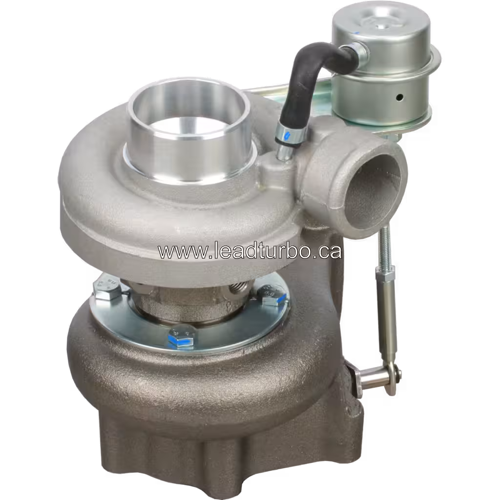 TB2568 turbocharger top view showing actuator and compressor inlet