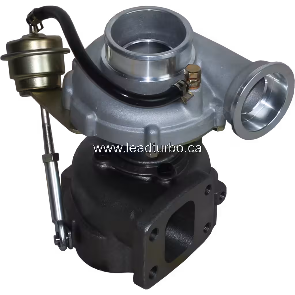 9040966399 turbocharger top view showing black exhaust manifold and brass actuator with hose