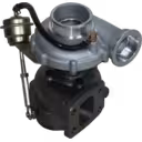 9040966399 turbocharger top view showing black exhaust manifold and brass actuator with hose