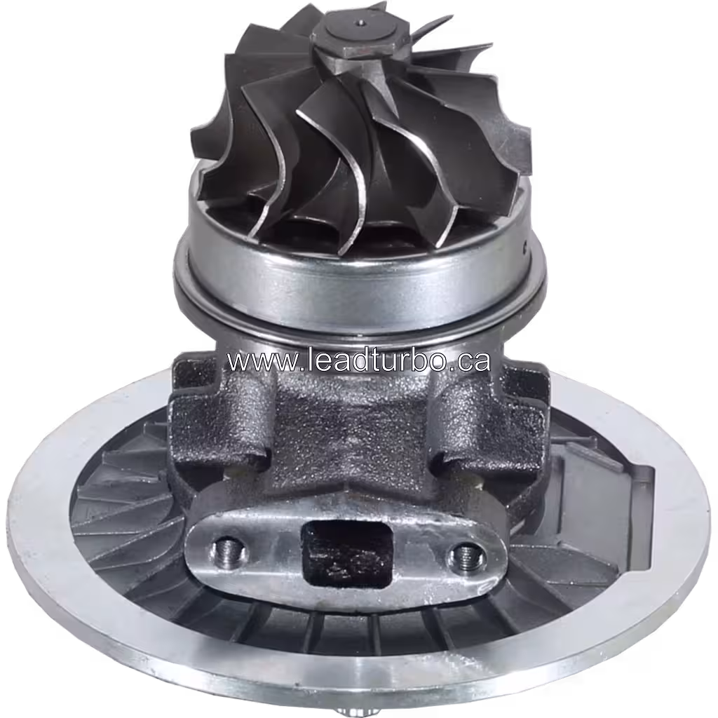 Vue du dessous du core 447450-0113 TBP420 montrant la roue turbine et le carter en fonte