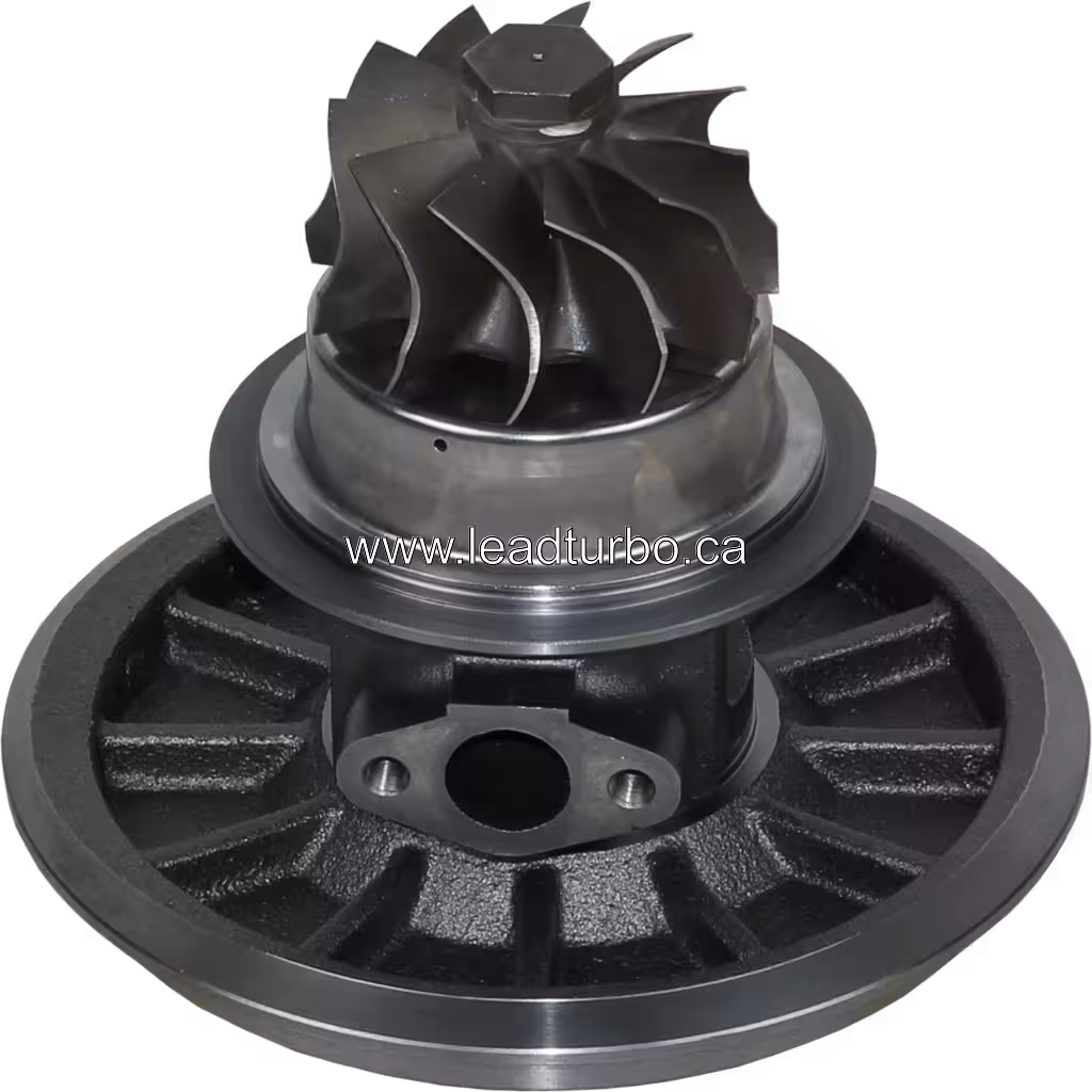 Vue de dessous du core de turbocompresseur 451491-0002 avec roue de compresseur et ailettes