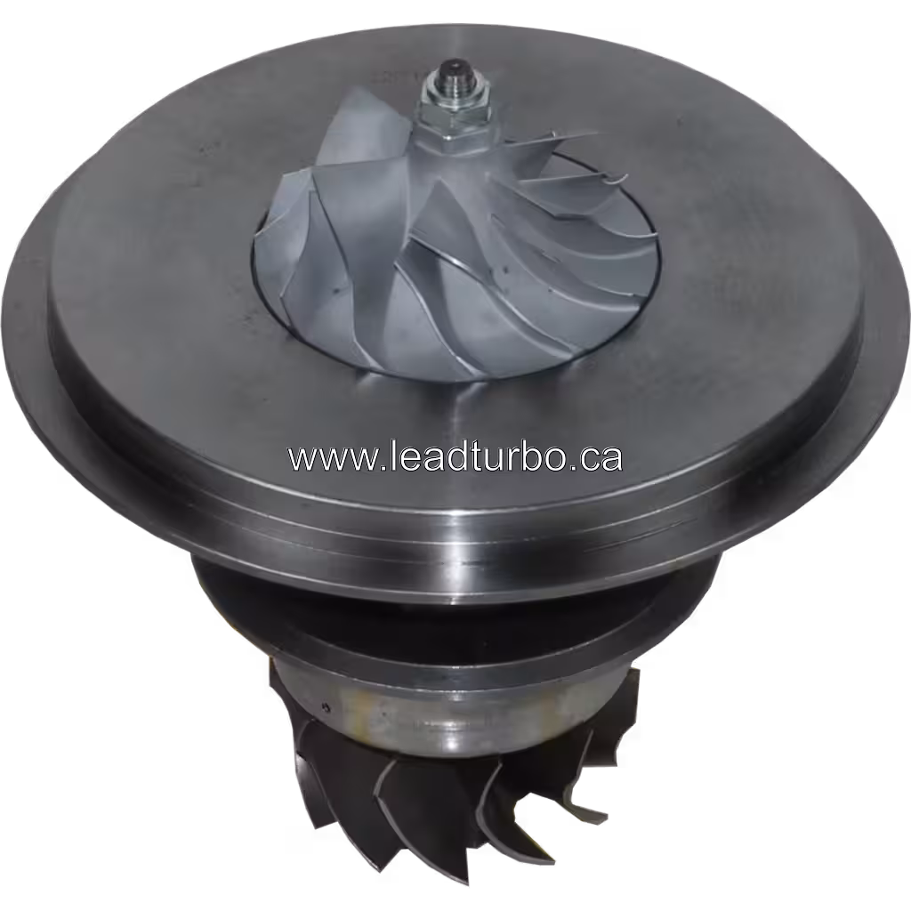 Vue de dessus du core de turbo BTG7506 montrant la roue de turbine et l'arbre