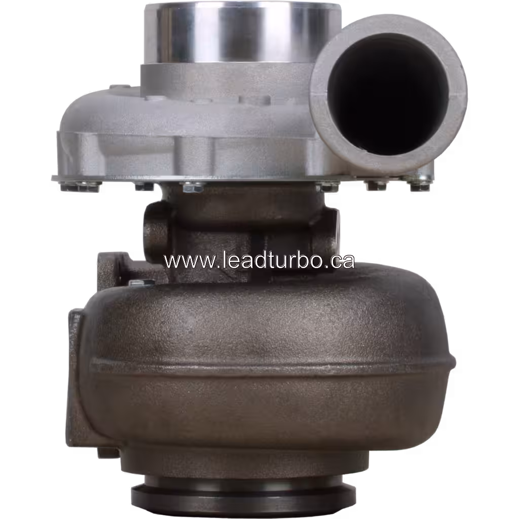 Turbocompresseur 3525237-U H2D vue avant, carter turbine en fonte et carter compresseur argenté