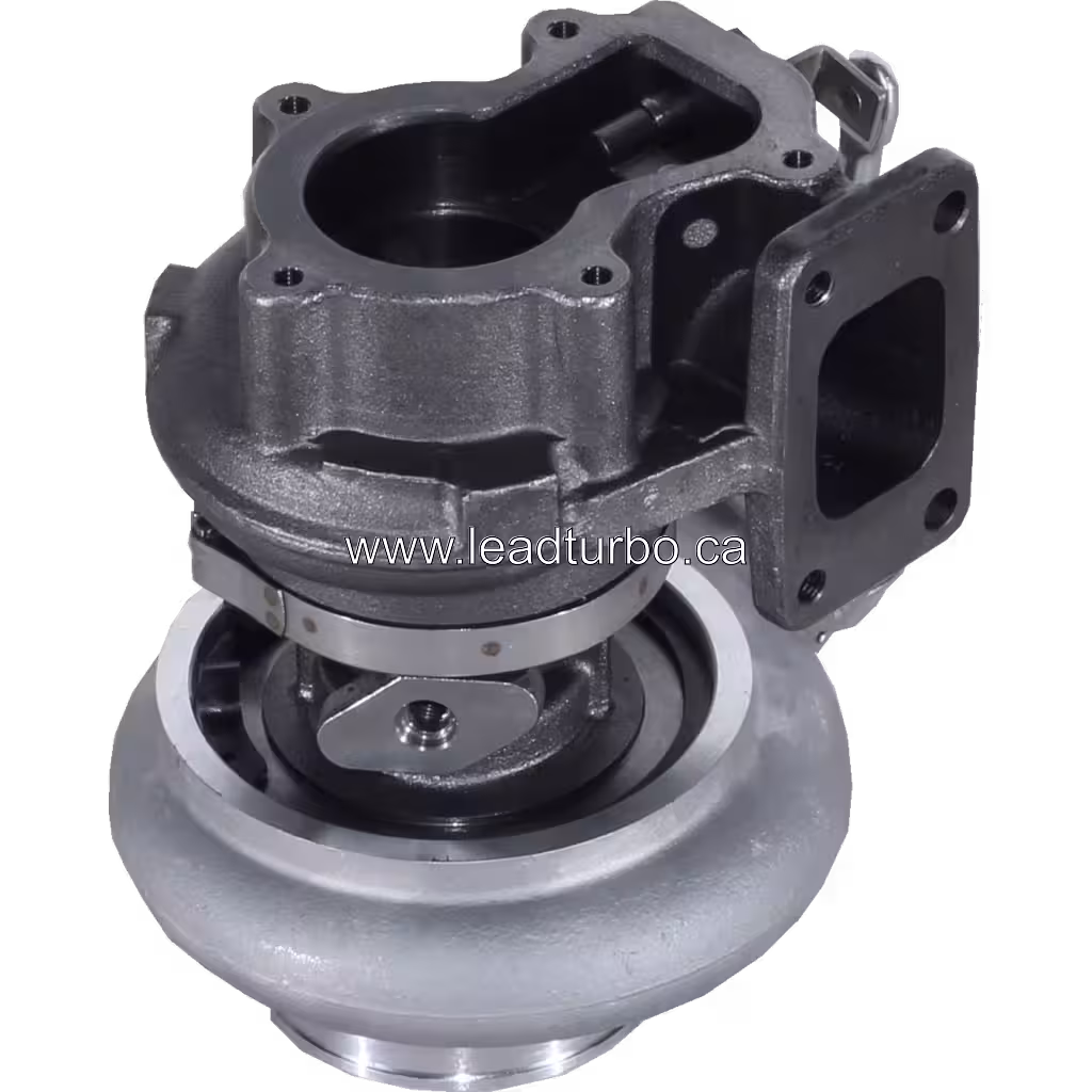 Vue de dessous du turbocompresseur 3592811 avec roue turbine et bride d'échappement