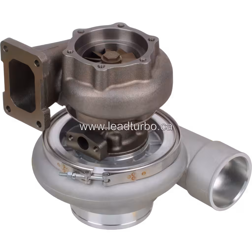 Vue du turbocompresseur 6505-71-5010 montrant la roue de turbine et le carter inférieur en fonte