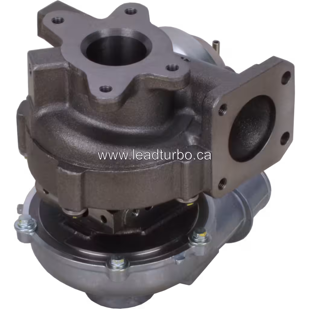 Vue basse du turbocompresseur VJ38 montrant le carter turbine gris foncé