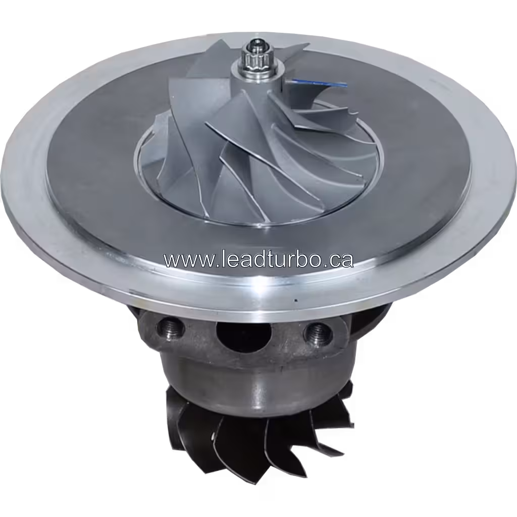 Top 45-degree view of RHG6 turbo core showing turbine wheel and mounting flange