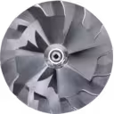 Side view of J96 turbo rotor showing dark and silver impellers