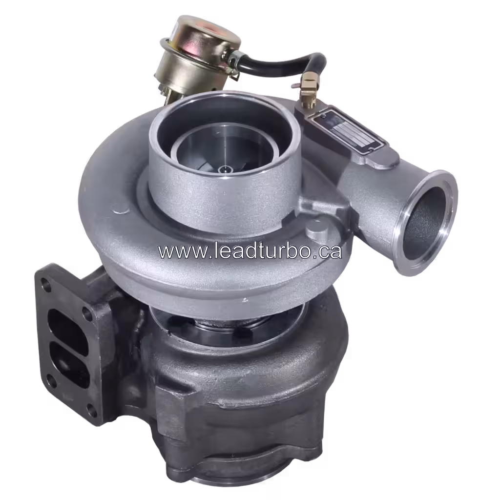 45-degree top view of HX40W turbocharger with two-port exhaust flange and compressor inlet