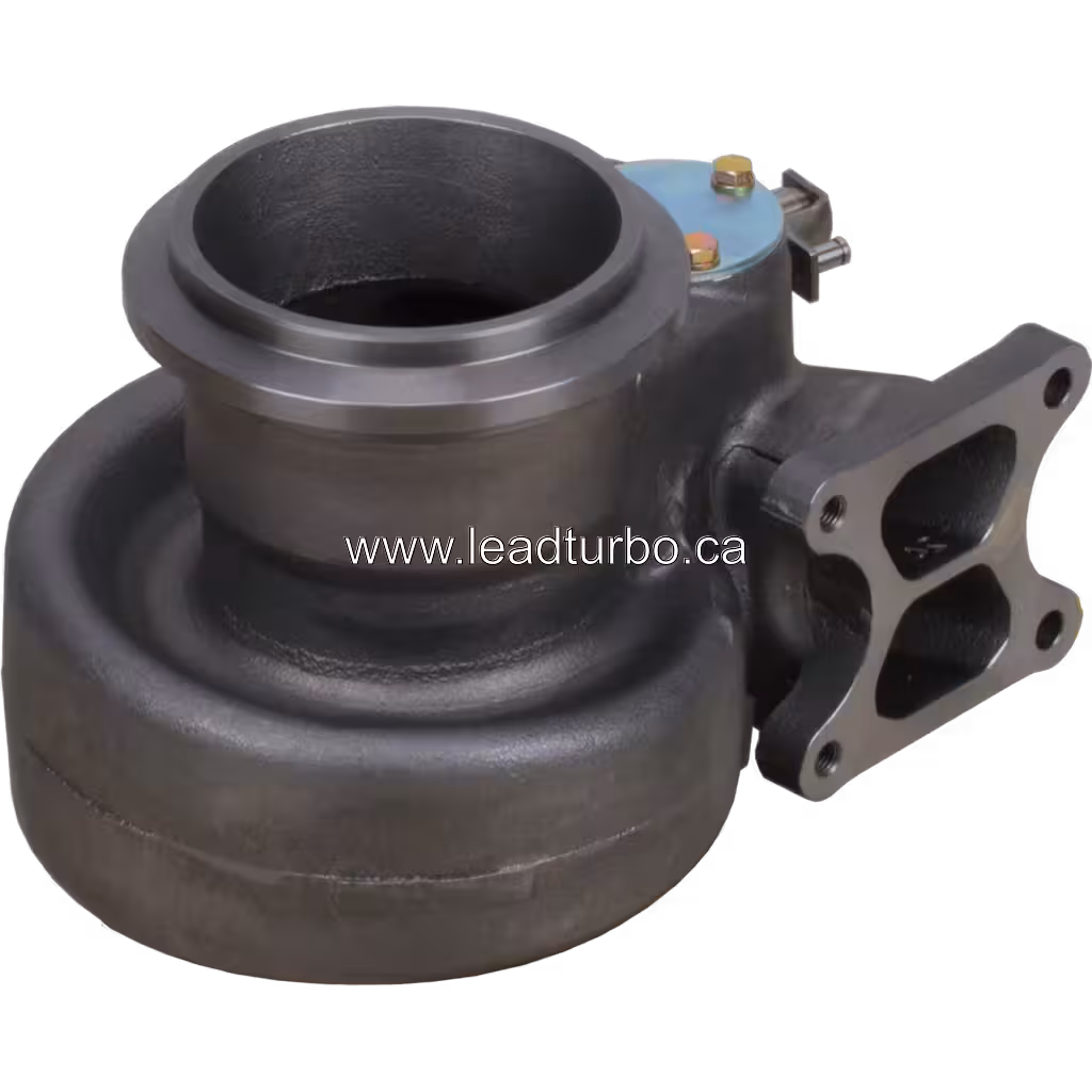 Cast metal turbine housing with blue actuator assembly and V-band flange