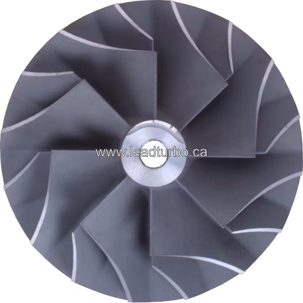 Front view of HC5A turbo compressor wheel with metallic grey finish