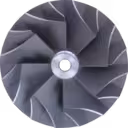 Front view of HC5A turbo compressor wheel with metallic grey finish
