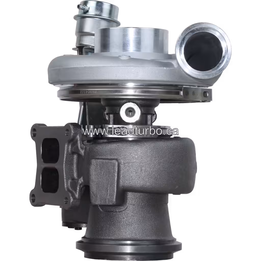 3593597 HX55W turbocharger front view with silver upper housing and dark grey lower housing