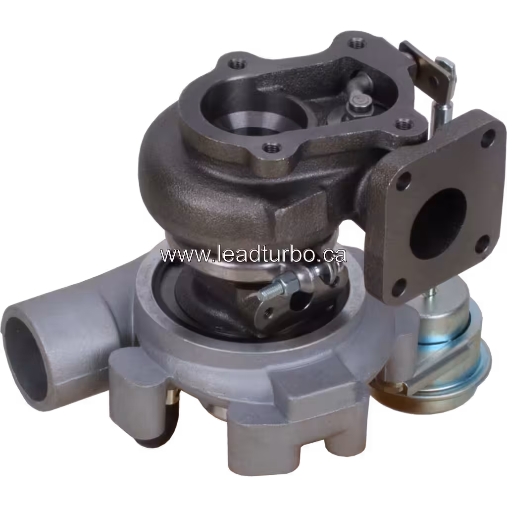 TF035 turbocharger front view showing pneumatic actuator hose and compressor outlet