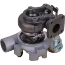 TF035 turbocharger front view showing pneumatic actuator hose and compressor outlet