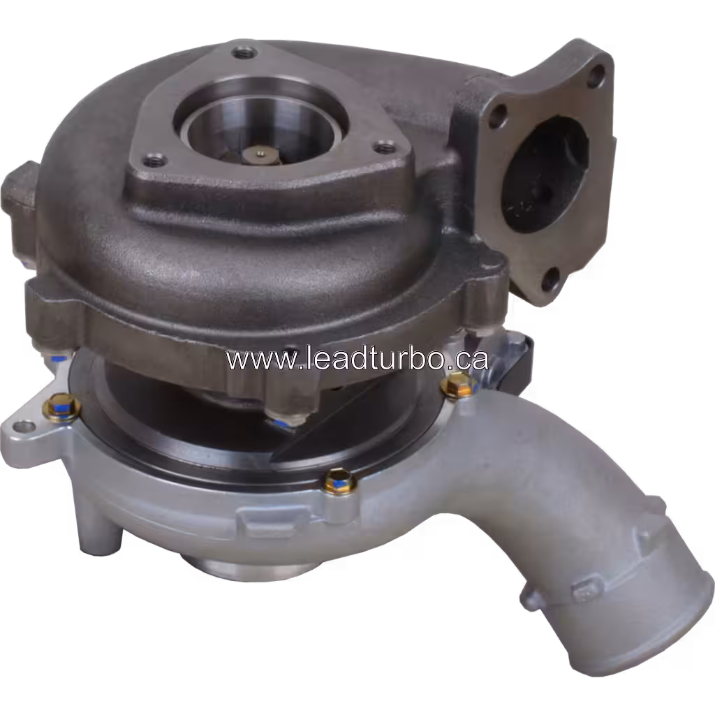 776470-5003S turbocharger bottom view with turbine housing and flanges