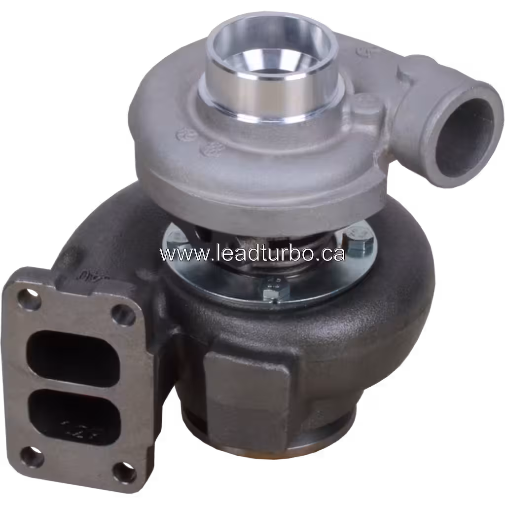 T250-01 turbocharger top view of 45 degrees with visible mounting flanges