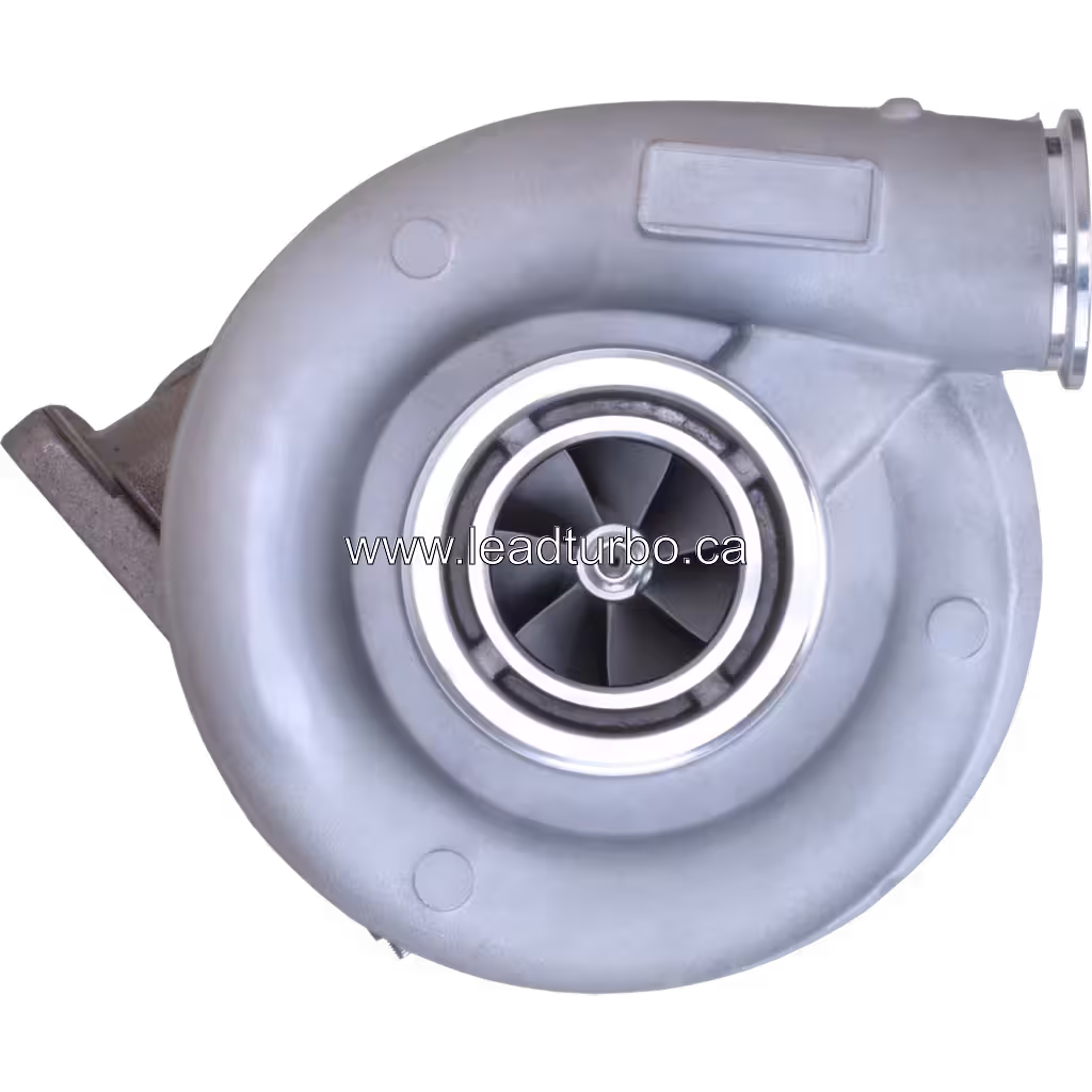 Side view of turbocharger with actuator and mounting flanges