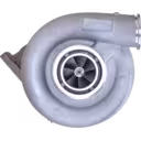 Side view of turbocharger with actuator and mounting flanges