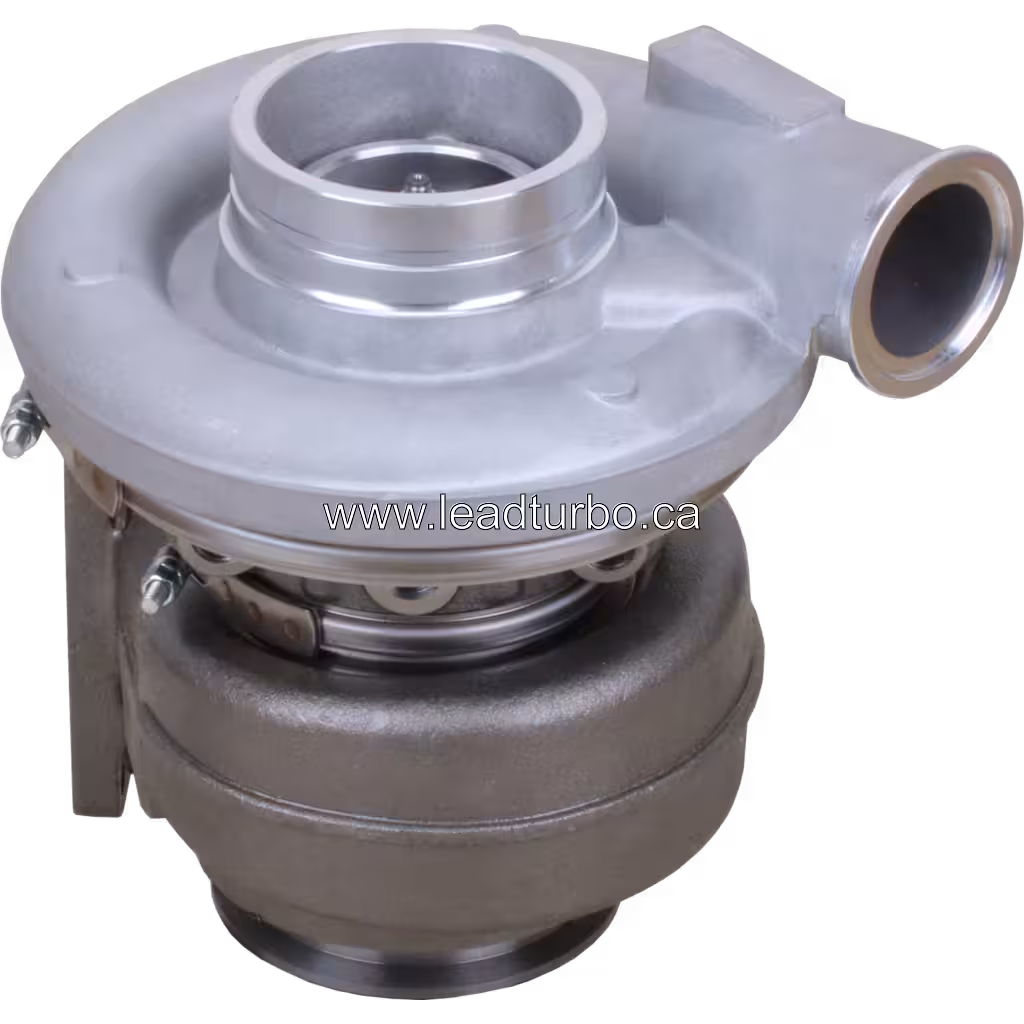 Front view of HX55 turbocharger assembly with compressor housing