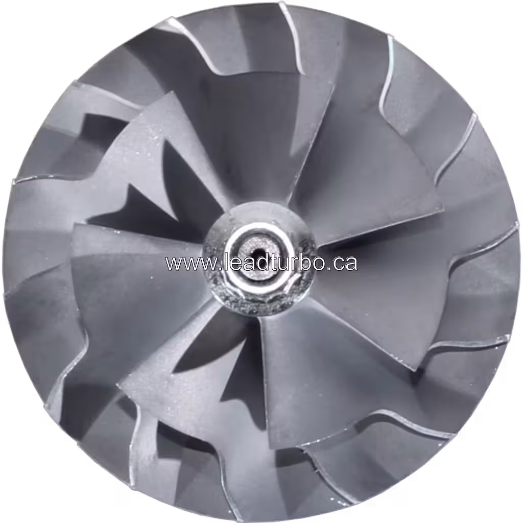 Vue latérale du rotor de turbo montrant les impellers sombres et argentés