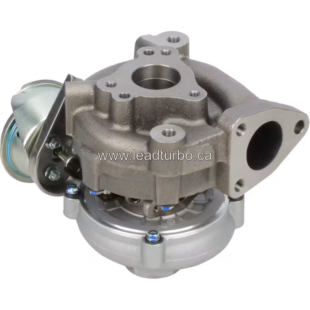 Turbocompresseur GT1749V vue de la turbine avec brides de fixation et ports de refroidissement