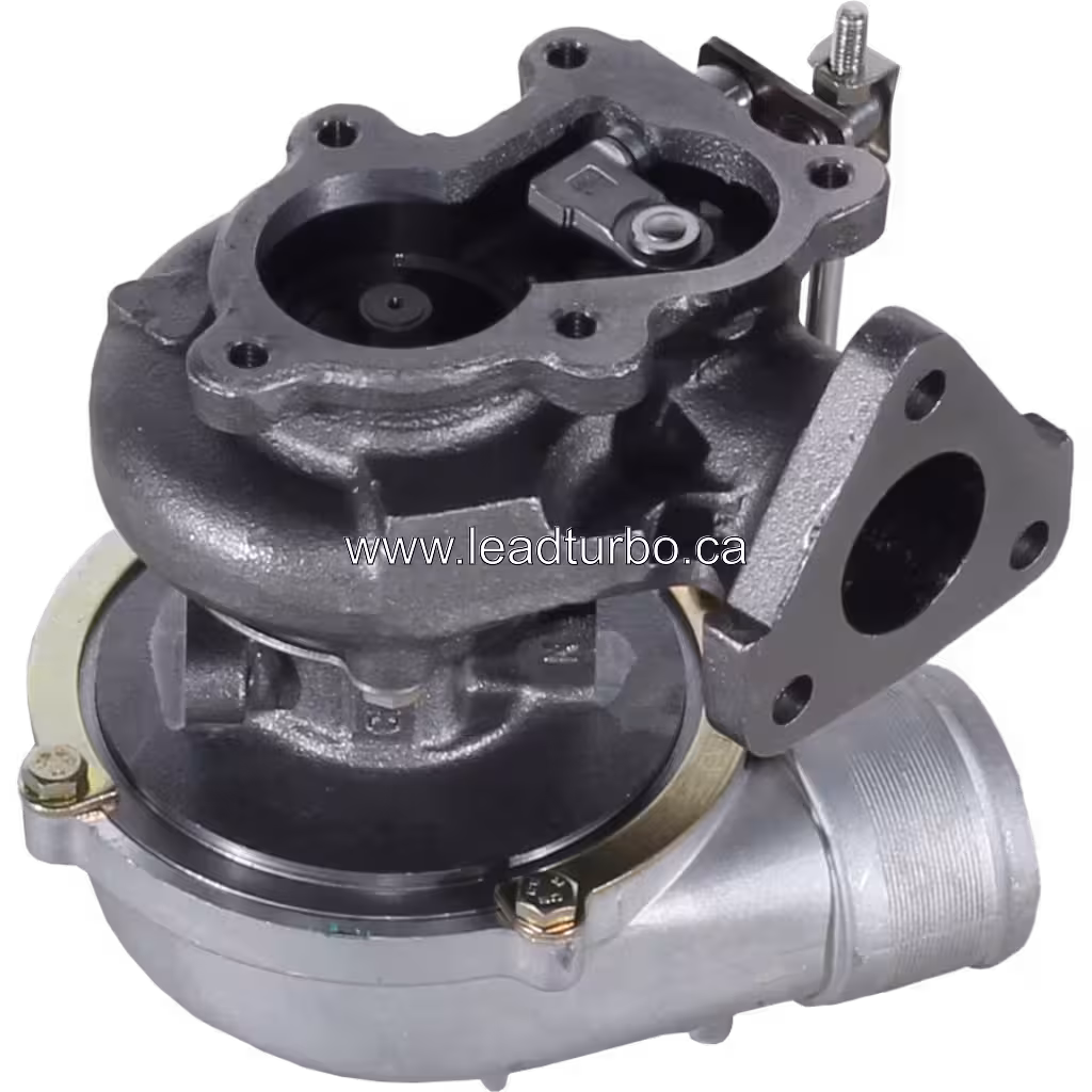 Bottom view of 1057139 turbocharger displaying turbine housing and exhaust flange details