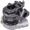 Bottom view of 1057139 turbocharger displaying turbine housing and exhaust flange details