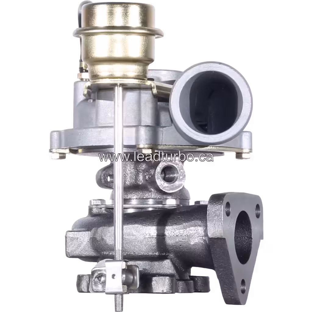 1057139 K04-2070GAA turbocharger front view with gold actuator and silver compressor housing