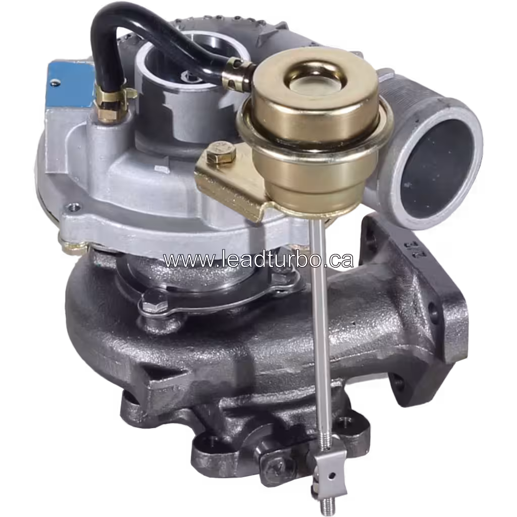Top view of 1057139 turbocharger showing black rubber hose and blue tag on compressor housing