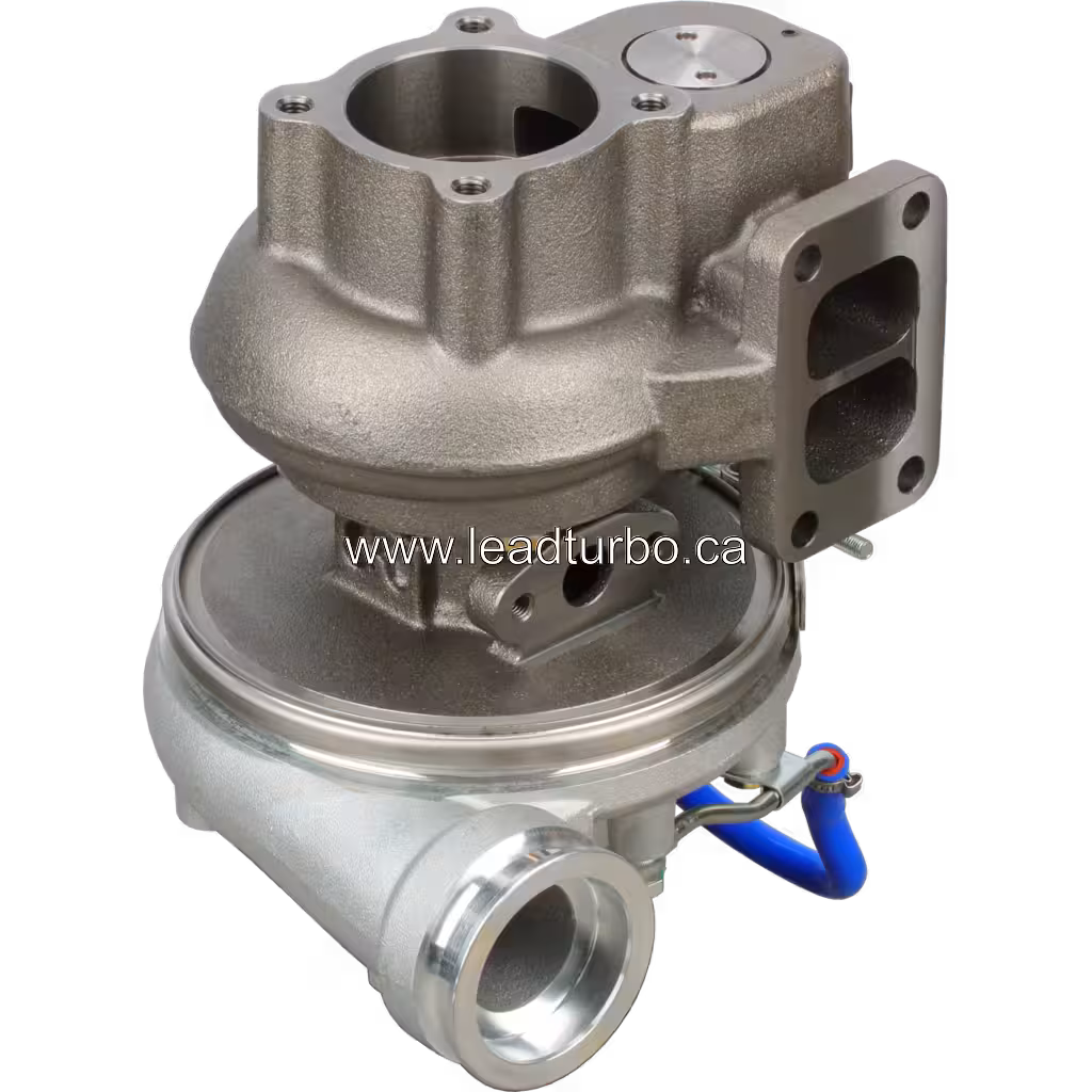 12709880018 turbocharger with blue and black hoses and mounting bracket