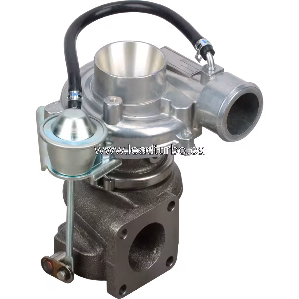 RHF4H turbocharger top view showing machined aluminum compressor housing and integrated wastegate actuator