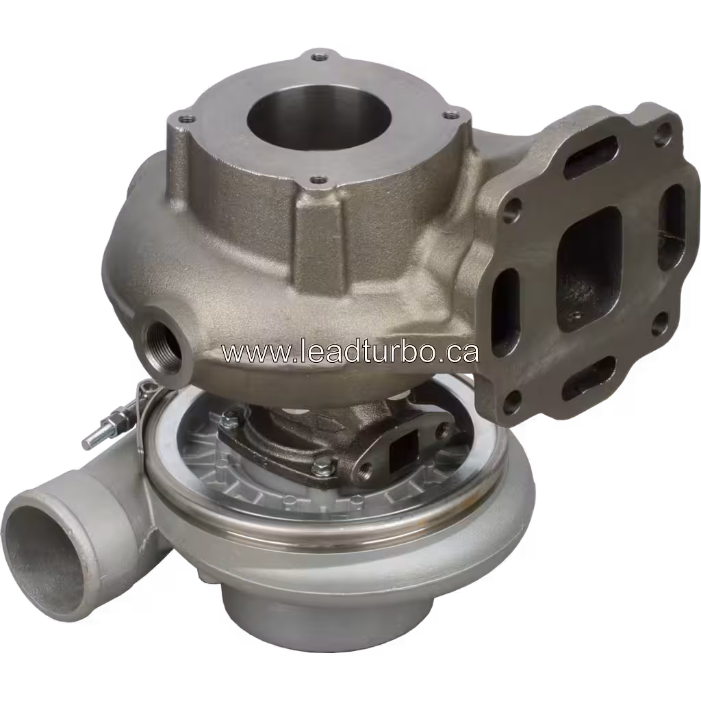 H1E turbocharger bottom view with cast metal construction and central shaft