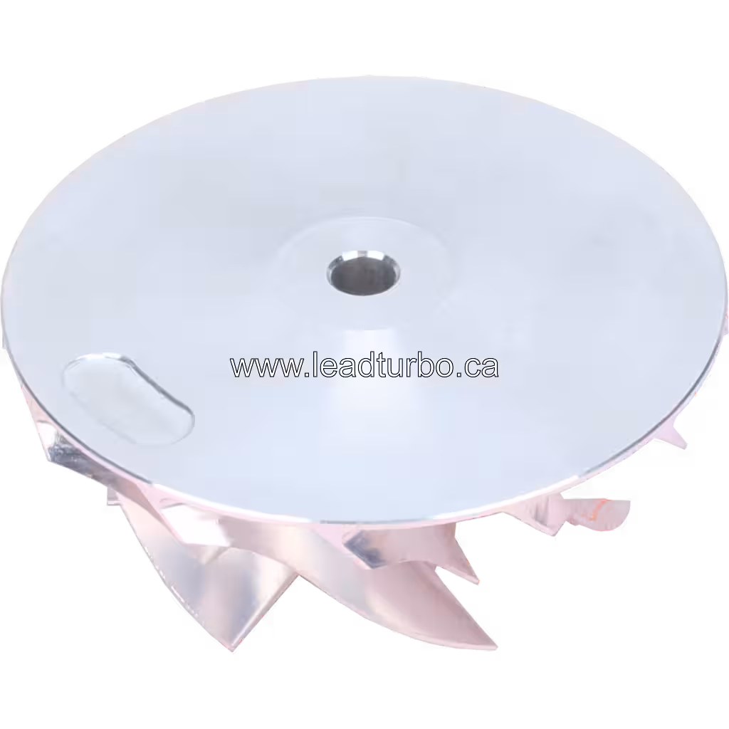 Bottom view of metallic compressor wheel with flat back plate