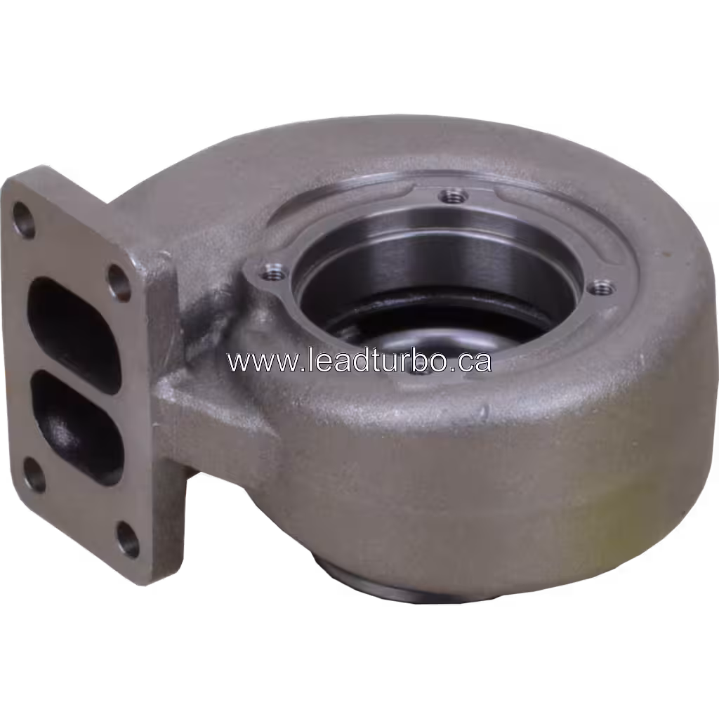 Bottom view of aftermarket turbine housing with mounting face and oval openings