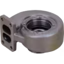 Bottom view of aftermarket turbine housing with mounting face and oval openings