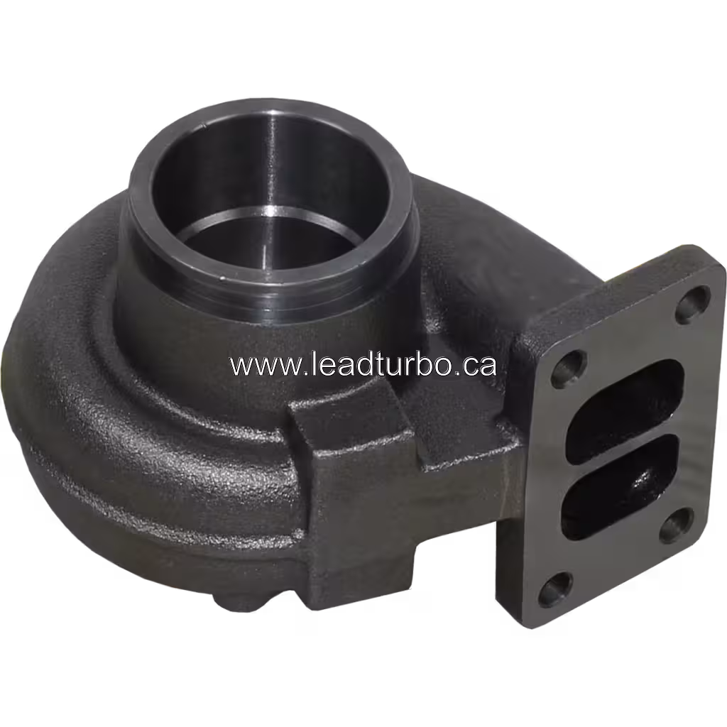 Top view of Cummins 6BTA turbine housing showing threaded inlet port and flange
