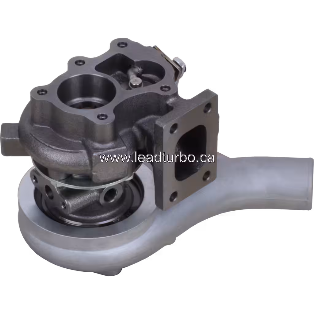 452047-0002 turbocharger bottom view with turbine housing and oil feed port